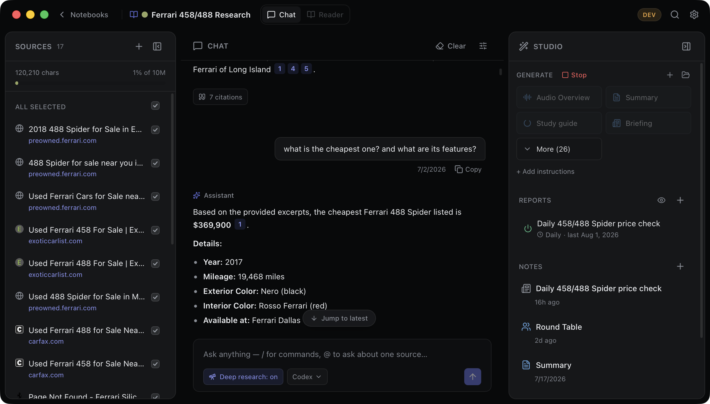 Alchemy showing notebook sources, a cited chat answer, and Studio tools in a three-pane macOS workspace